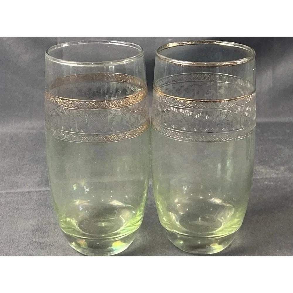 Vintage Mid Century Stretched Glass Gold Rim Highball‎ Tumblers Set of 4
